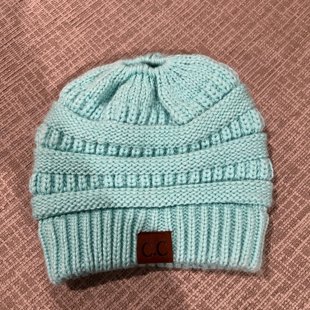 C.C Sky Blue Knit Beanie Hat with Ponytail Hole